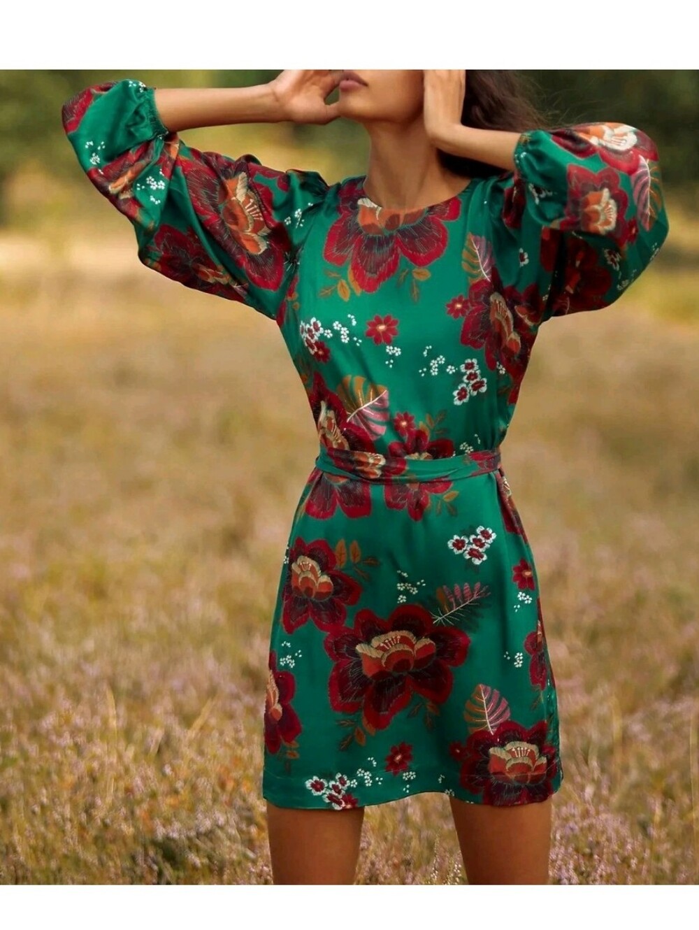 Farm Rio Marenka Mini Dress Floral Belted Puff Sleeves Dainty Boho Size L